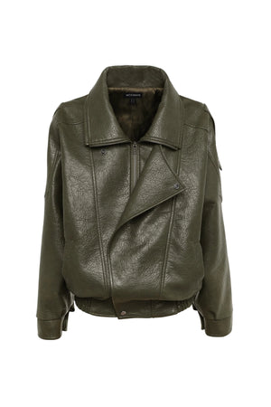Saxon Oversized Bomber Olive by Mossman - oversized faux leather bomber jacket with double collar and epaulettes for elevated utilitarian style.