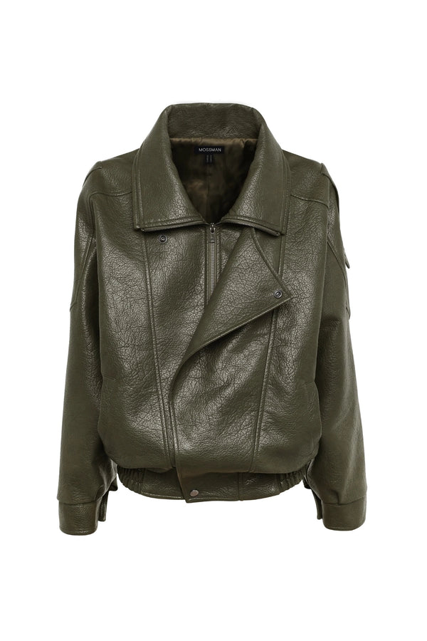 Saxon Oversized Bomber Olive by Mossman - oversized faux leather bomber jacket with double collar and epaulettes for elevated utilitarian style.