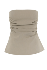 Alias Top Eucalyptus by Mossman, elegant strapless with ruched side detail and invisible back zip, perfect for trendy viral day-to-night and chic weekend styles.