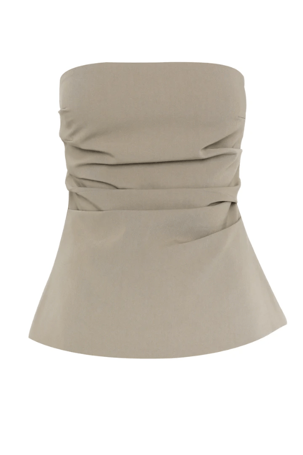 Alias Top Eucalyptus by Mossman, elegant strapless with ruched side detail and invisible back zip, perfect for trendy viral day-to-night and chic weekend styles.