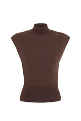Quiet Force Top by Mossman in sky blue, ribbed sleeveless turtleneck with removable shoulder pads for sleek everyday styling.