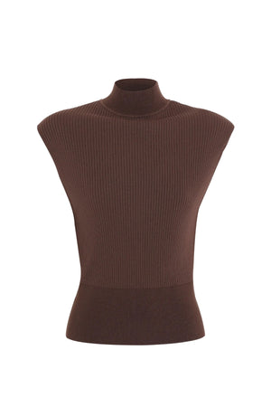 Quiet Force Top by Mossman in sky blue, ribbed sleeveless turtleneck with removable shoulder pads for sleek everyday styling.