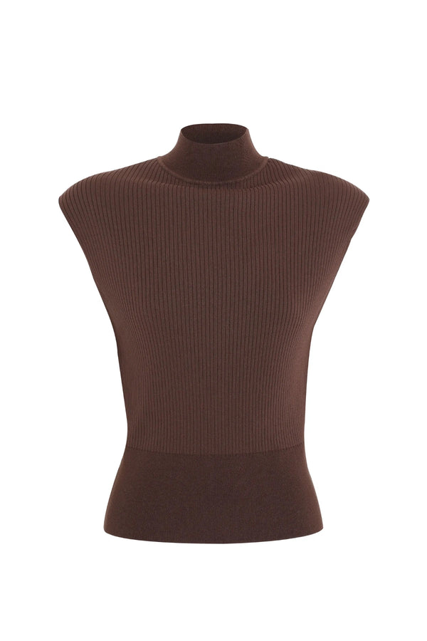 Quiet Force Top by Mossman in sky blue, ribbed sleeveless turtleneck with removable shoulder pads for sleek everyday styling.