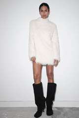 Frieze Mini Dress Cream by Camilla and Marc – Trendy mini with mock neck, removable scarf, and flared extra-long sleeves; perfect for chic day-to-night style.