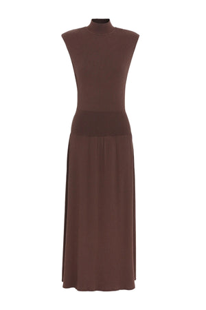 Quiet Force Midi Dress by Mossman in cacao, ribbed knit with turtleneck and flared skirt for sleek, sculpted day-to-night dressing.