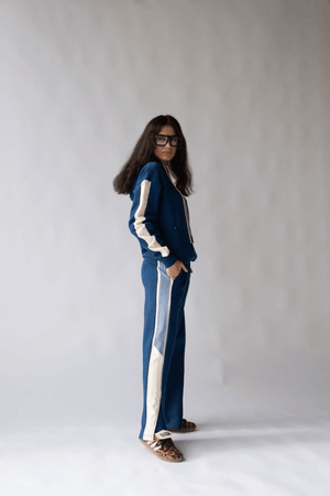 1989 Hoodie Estate Blue by Araminta James, soft cotton brushed fleece with contrast trim and velvet graphic, relaxed fit perfect for casual cool days.