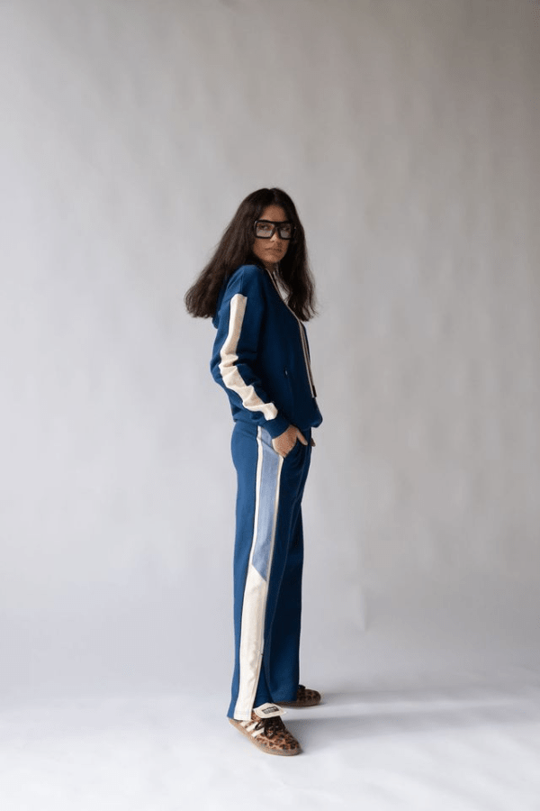 1984 Hoodie Estate Blue by Araminta James, soft cotton brushed fleece with contrast trim and velvet graphic, relaxed fit perfect for casual cool days.