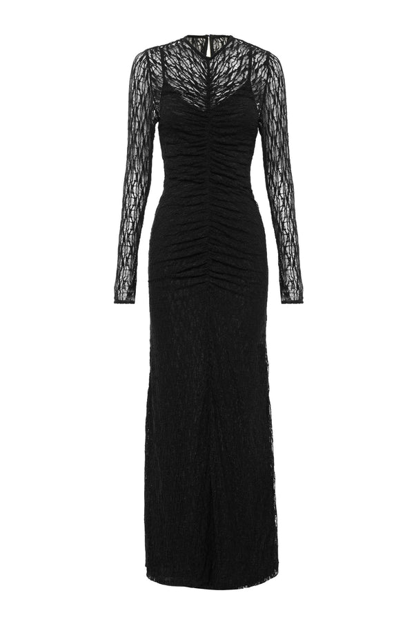 Close To You Maxi Dress Black by Mossman – a lace maxi with long sleeves and slim fit. Perfect for elevated evening styling.