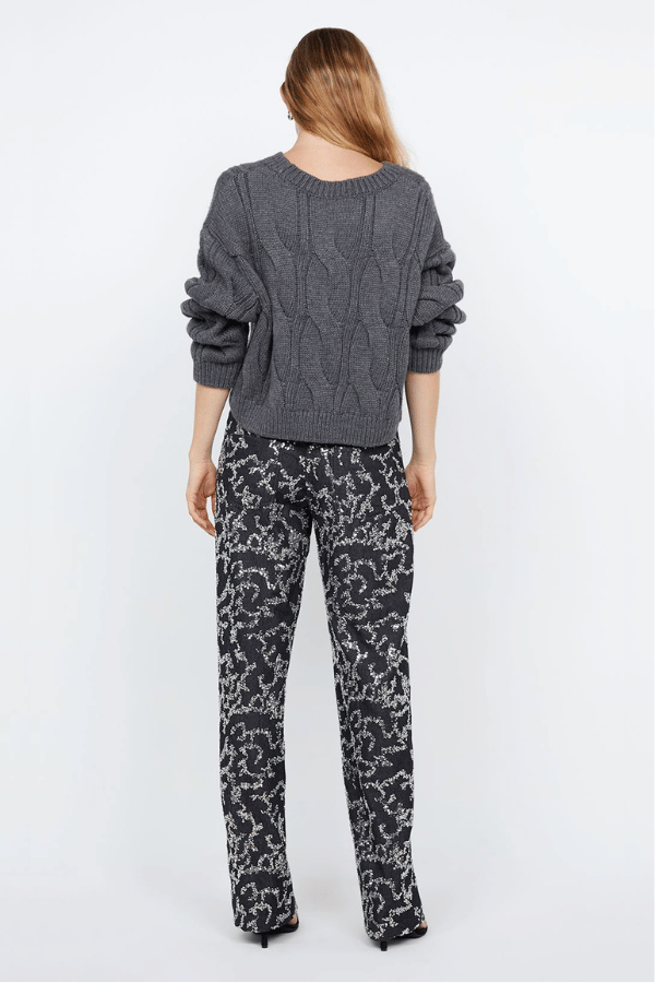 Kinsley Sequin Pant Charcoal Silver by Bec + Bridge, dazzling sequin denim with mid-waist fit, straight leg, and rolled hem, perfect for viral party looks.