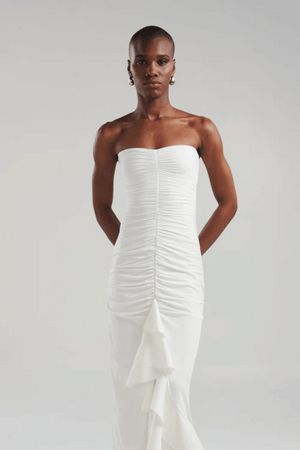 Carelia Dress Off White by Maygel Coronel — Strapless maxi with cascading ruffles. Made in Colombia. One size fits most.