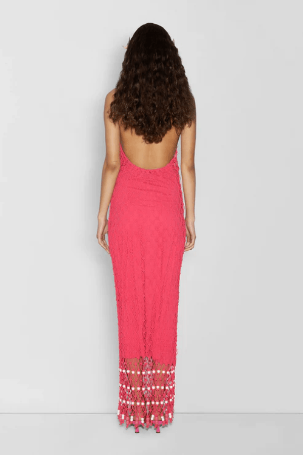 Reis Macrame Maxi Dress Candy by The Wolf Gang – Handmade cotton macrame with bold beaded hem, perfect for festivals and beachside glamour.