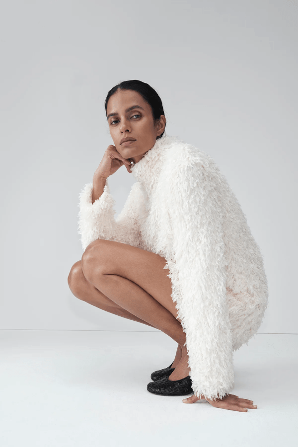 Frieze Mini Dress Cream by Camilla and Marc – Trendy mini with mock neck, removable scarf, and flared extra-long sleeves; perfect for chic day-to-night style.