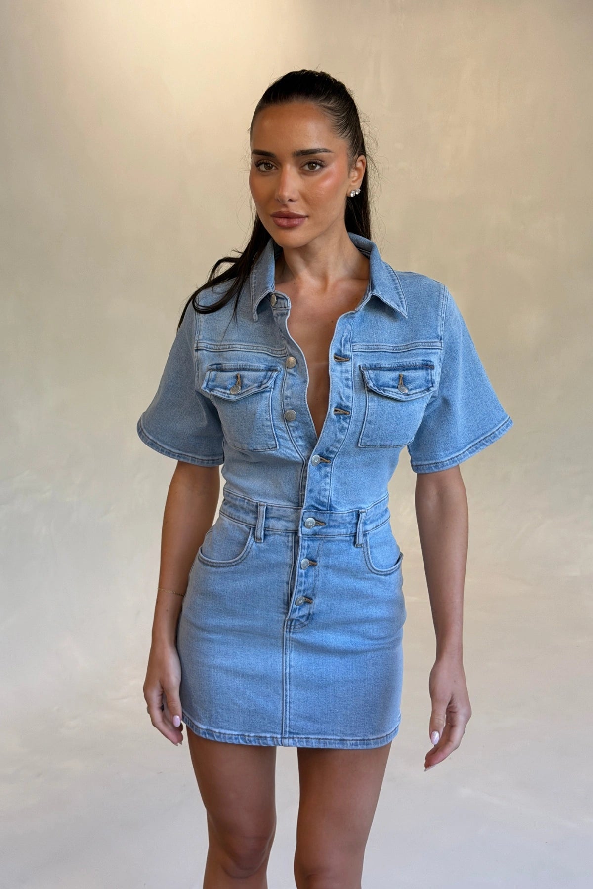 Sneaky Link | Katrina Denim Short Sleeve Mini Dress Light Blue Sneaky Link | Katrina Denim Short Sleeve Mini Dress Light Blue
