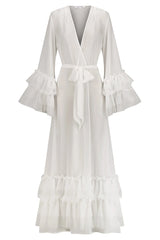 Marilyn Robe Ivory by Kat The Label, sheer chiffon robe with ruffle trim, perfect for bridal or lounge styling