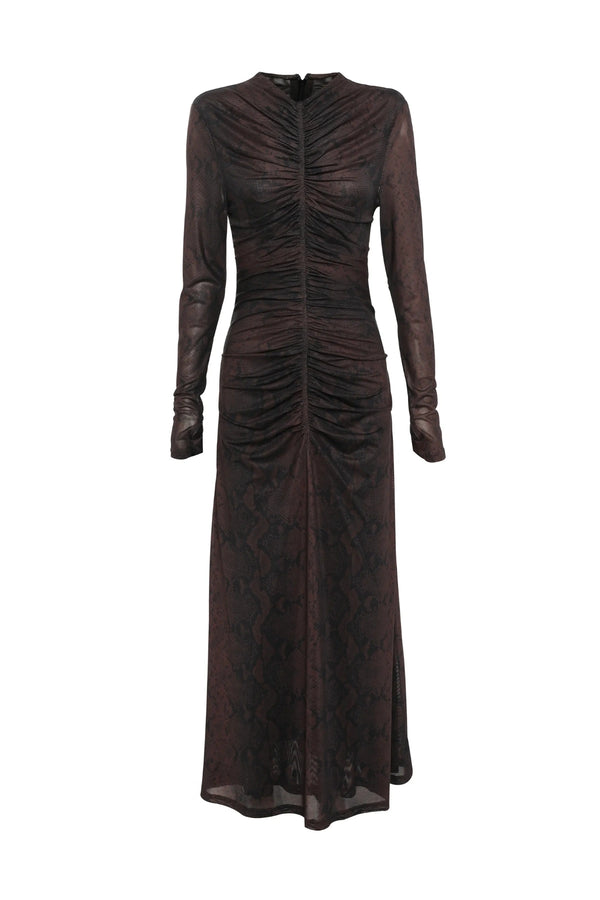 Siren Midi Dress Snake Print by Mossman, sheer mesh midi dress with long sleeves, perfect for statement evening styling