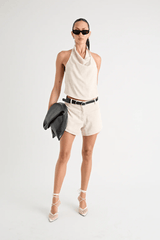 Pino Cowl Top Natural by Pfeiffer – Trendy, soft suiting top with adjustable cowl neckline and cinched back, perfect for chic day-to-night elegance.