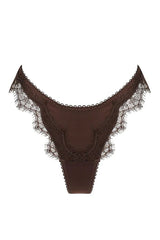 Sorrento Thong in Espresso by Kat the Label, high-cut satin thong with eyelash lace detailing and sheer mesh back, perfect for pairing with the Sorrento Underwire for an elegant, sultry look.