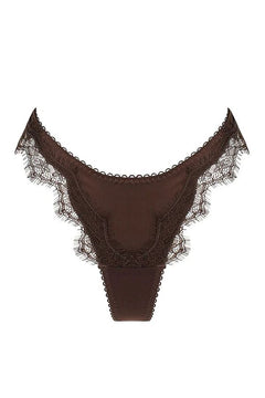 Sorrento Thong in Espresso by Kat the Label, high-cut satin thong with eyelash lace detailing and sheer mesh back, perfect for pairing with the Sorrento Underwire for an elegant, sultry look.