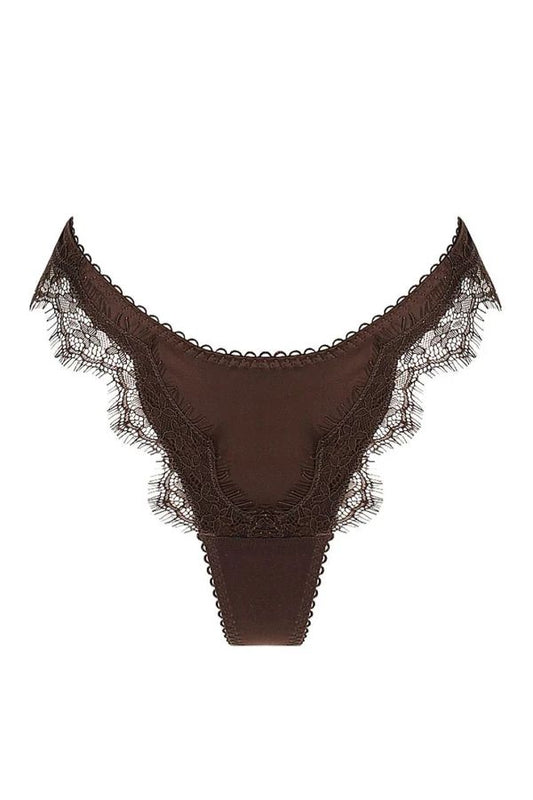 Sorrento Thong in Espresso by Kat the Label, high-cut satin thong with eyelash lace detailing and sheer mesh back, perfect for pairing with the Sorrento Underwire for an elegant, sultry look.