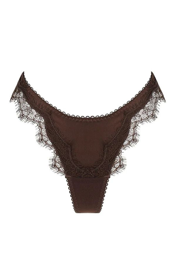 Sorrento Thong in Espresso by Kat the Label, high-cut satin thong with eyelash lace detailing and sheer mesh back, perfect for pairing with the Sorrento Underwire for an elegant, sultry look.