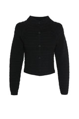 Carter Cardigan Black by Mossman - textured knit cardigan with high neck and fitted shape, designed for a sleek modern look.