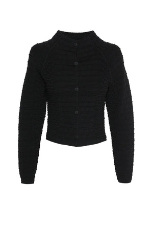 Carter Cardigan Black by Mossman - textured knit cardigan with high neck and fitted shape, designed for a sleek modern look.