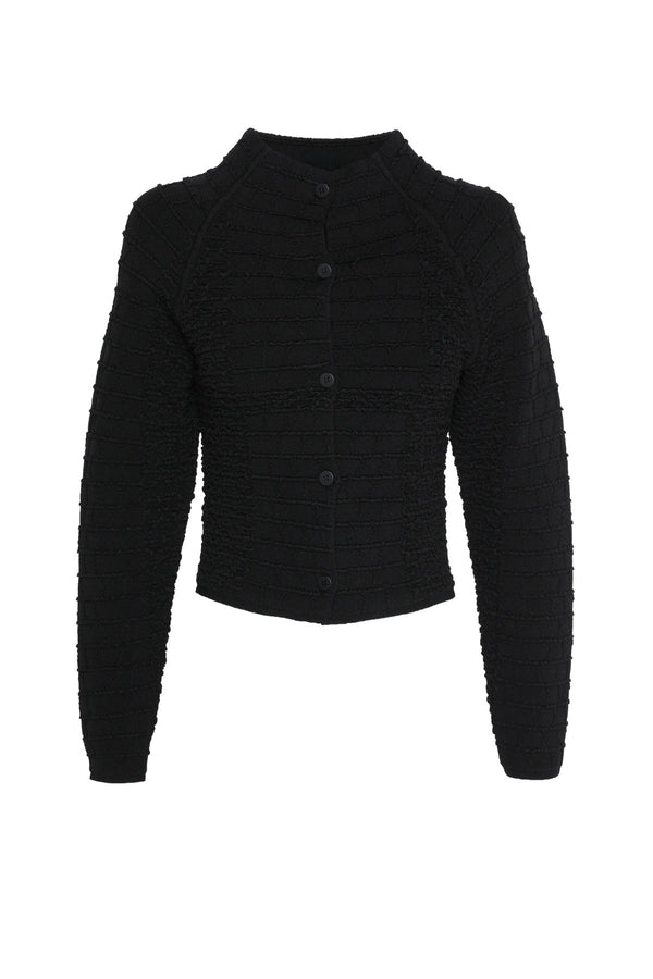 Carter Cardigan Black by Mossman - textured knit cardigan with high neck and fitted shape, designed for a sleek modern look.