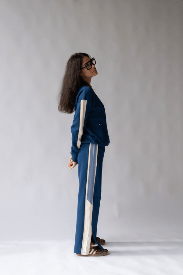 1984 Hoodie Estate Blue by Araminta James, soft cotton brushed fleece with contrast trim and velvet graphic, relaxed fit perfect for casual cool days.