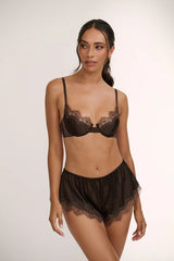 Sorrento Underwire in Espresso by Kat the Label, supportive satin underwire bra with eyelash lace detailing, perfect for offering comfort and timeless elegance.
