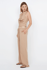 Almeria Wrap Top Camel Stripe by Bec + Bridge – Trendy wrap top with draped V-neck and racer back, perfect for effortless warm-weather elegance and viral summer looks.