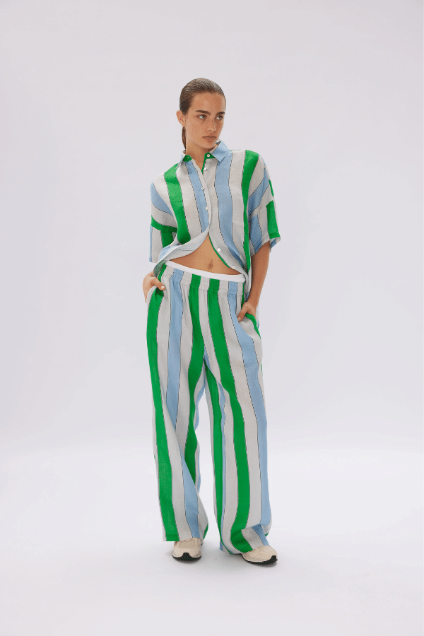 LNDM Marala Linen Pants Stripe Verde Azure Girls with Gems