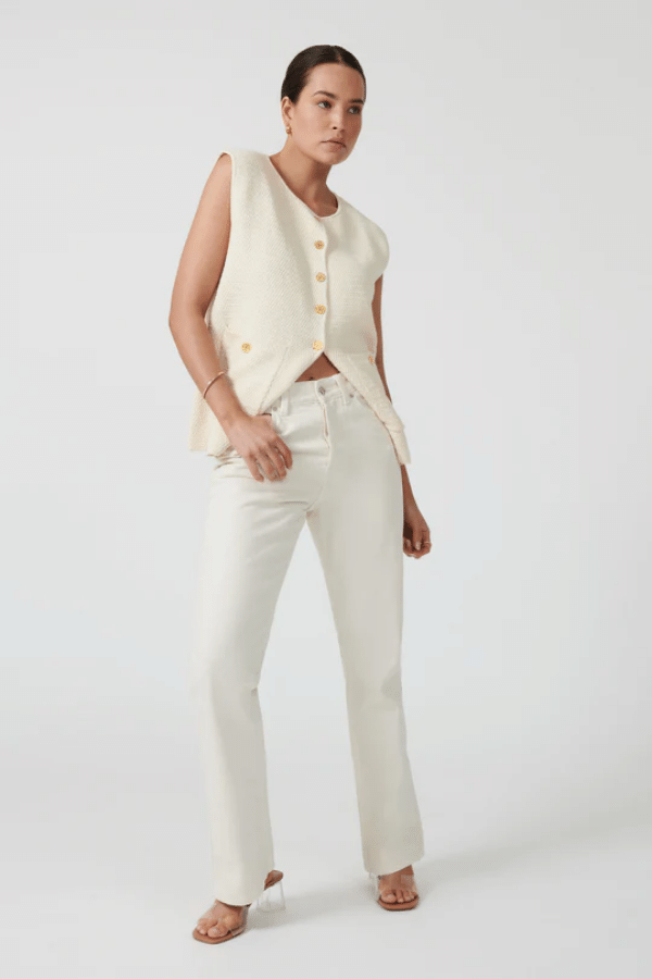 Helena Gilet Ivory by Onte, breathable cotton crochet knit with gold buttons and patch pockets, perfect for trendy layering and elegant casual wear.