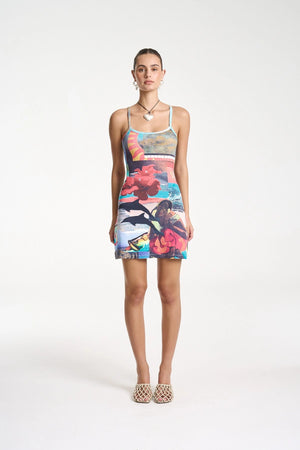 A-Line Mini Dress by Summi Summi, ribbed cotton mini featuring the bold Loco print with fixed straps and an easy A-line fit.