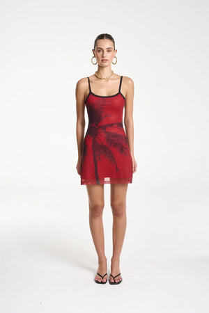 A-Line Mini Mesh Dress by Summi Summi — a double-layered mesh mini with the La Palma print and A-line shape, perfect for effortless summer styling.