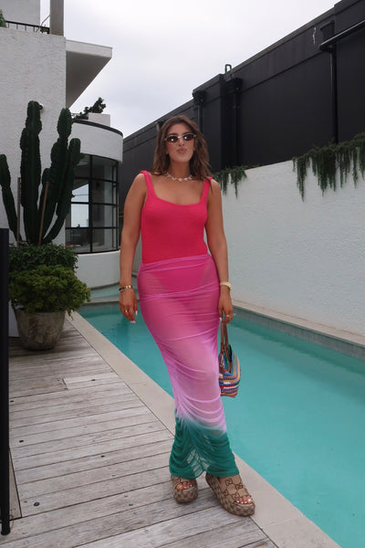 Bahia Maxi Pareo Claret by Baobab — A ruched, sheer mesh cover-up in maxi length. Lightweight and unlined for breezy comfort. Hand wash cold, lay flat to dry.