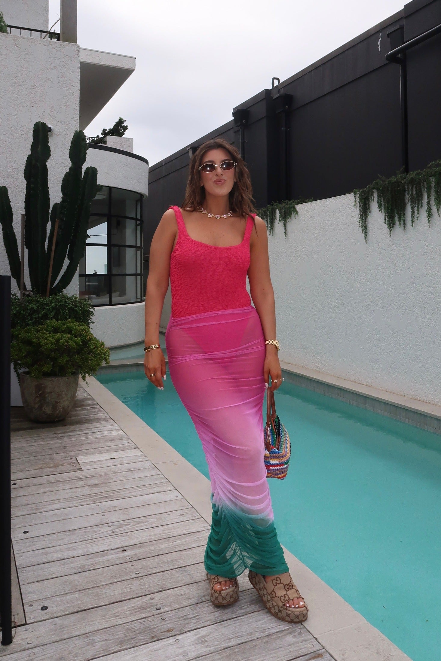 Bahia Maxi Pareo Claret by Baobab — A ruched, sheer mesh cover-up in maxi length. Lightweight and unlined for breezy comfort. Hand wash cold, lay flat to dry.