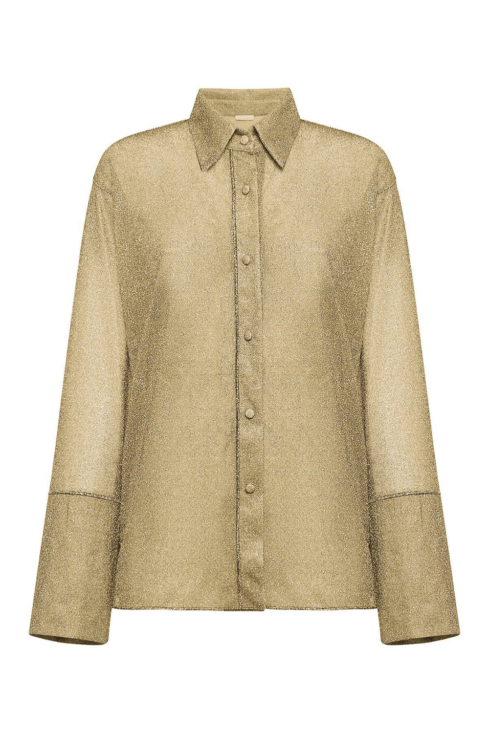 Lumière Sleeves Shirt, oversized shimmering top in metallic blend with relaxed fit for statement evening styling.