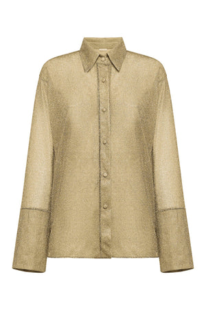 Lumière Sleeves Shirt, oversized shimmering top in metallic blend with relaxed fit for statement evening styling.