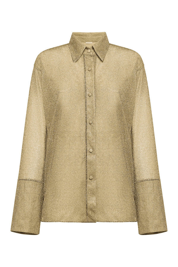Lumière Sleeves Shirt, oversized shimmering top in metallic blend with relaxed fit for statement evening styling.
