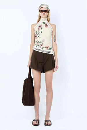 Albi Short by Bec and Bridge, espresso tailored trouser short with relaxed fit and clean mid-rise silhouette.