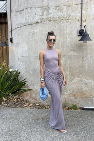 Othelia Gown Mushroom by Effie Kats, a sheer mesh gown with signature neckline and earthy tone. Perfect for autumn weddings or dinners.