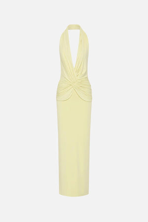 The Cabana Cupro Dress by MISHA, a lemon midi with halter neckline and soft hip drape. Perfect for weddings or refined summer events.