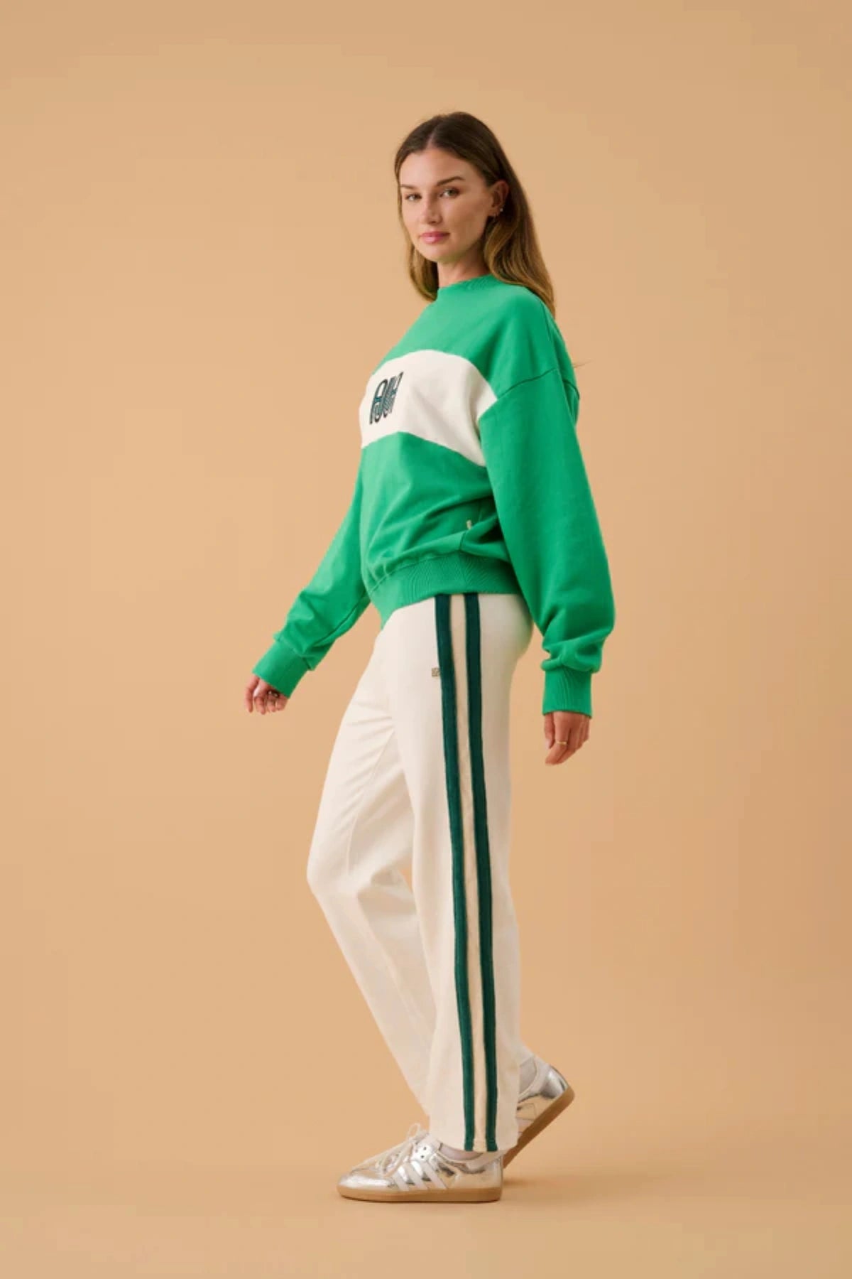A James Sweatshirt Tropical Green by Araminta James, cotton fleece sweater with contrast panel and relaxed fit, a trendy piece perfect for everyday comfort.