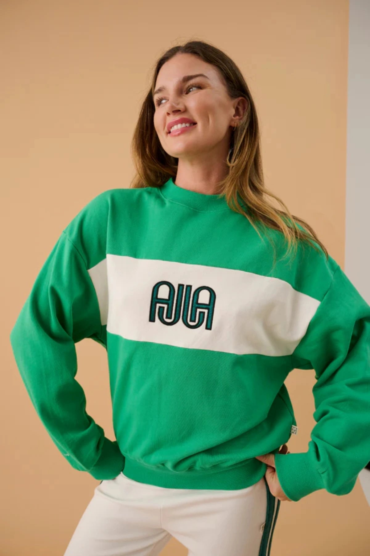 A James Sweatshirt Tropical Green by Araminta James, cotton fleece sweater with contrast panel and relaxed fit, a trendy piece perfect for everyday comfort.
