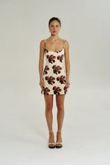A Line Mini Dress Butter Fleur by Summi Summi – floral A-line mini dress with slim straps and stretch knit fabric.
