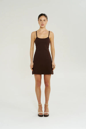 A Line Mini Dress in Chocolate by Summi Summi, a fitted cotton rib mini with slim straps and a flattering A-line silhouette for everyday wear.