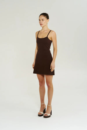 A Line Mini Dress in Chocolate by Summi Summi, a fitted cotton rib mini with slim straps and a flattering A-line silhouette for everyday wear.