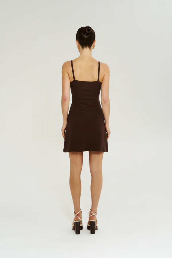 A Line Mini Dress in Chocolate by Summi Summi, a fitted cotton rib mini with slim straps and a flattering A-line silhouette for everyday wear.