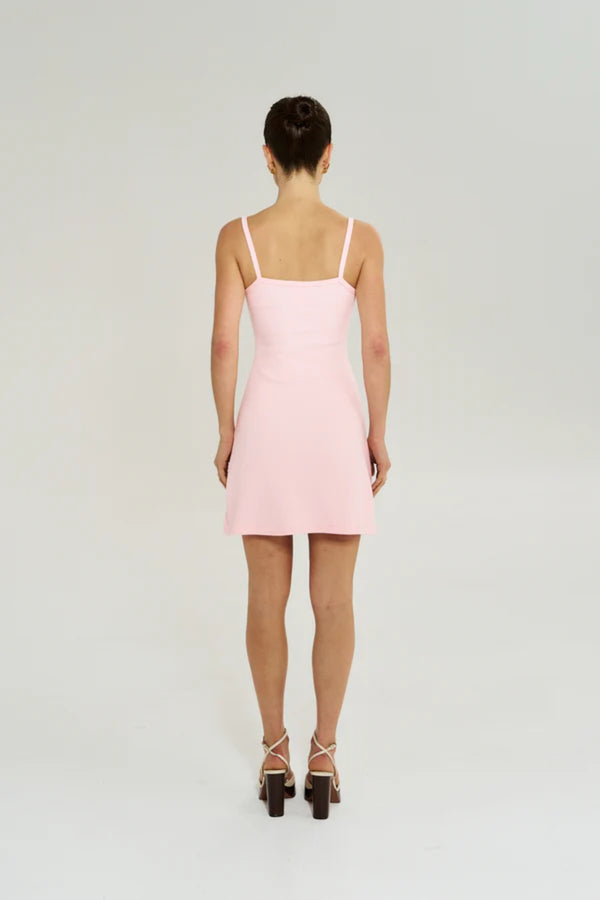 A Line Mini Dress in Pink by Summi Summi, a fitted cotton rib mini with slim straps and a flattering A-line silhouette for everyday wear.