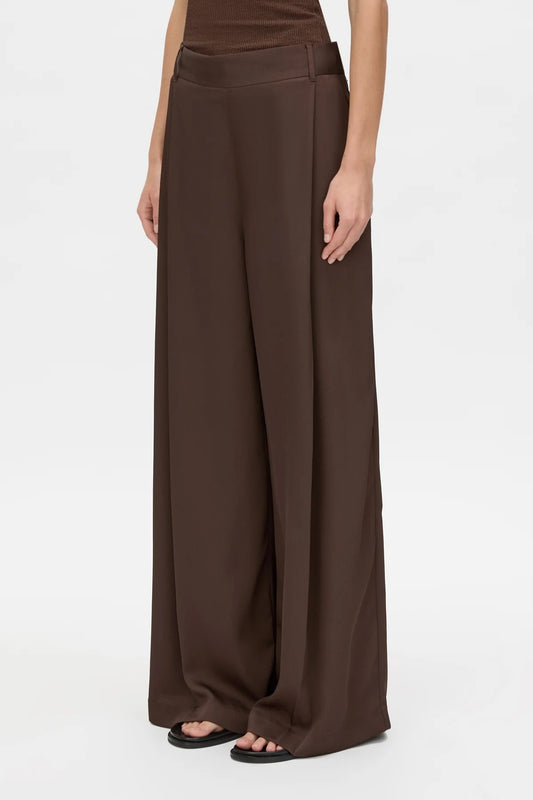 Aaron Pant Espresso by Camilla and Marc, wide-leg recycled polyester pants with structured pleats and smooth drape.